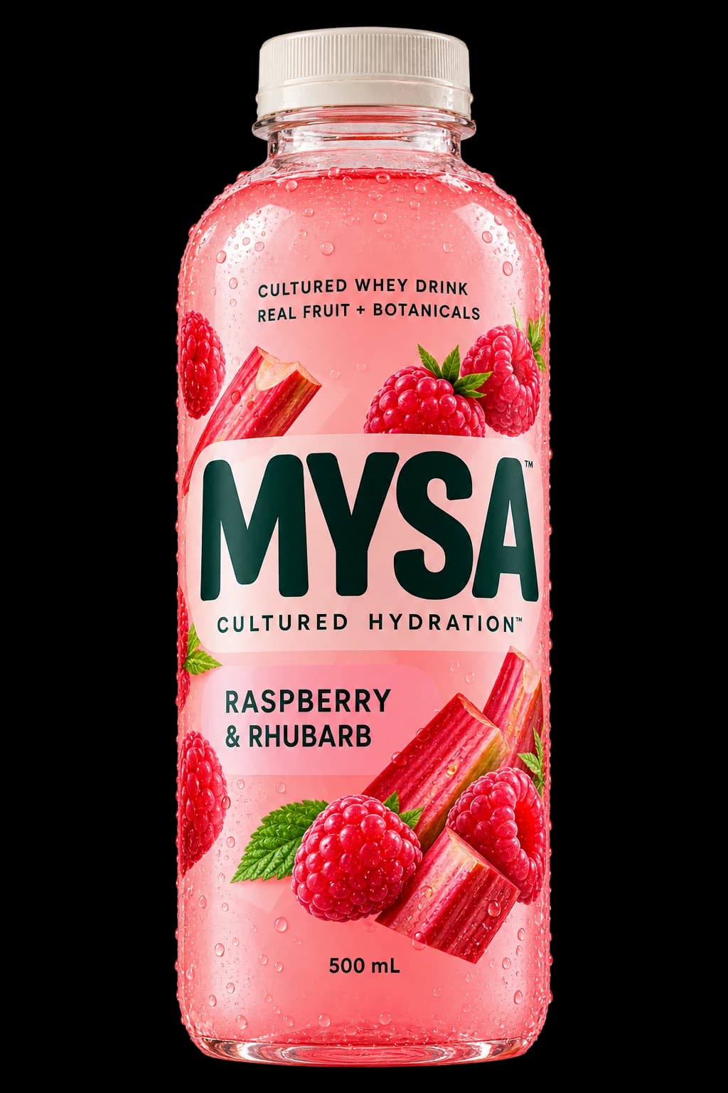 MYSA Raspberry & Rhubarb, Cultured Hydration in a 500 mL PET packaging concept