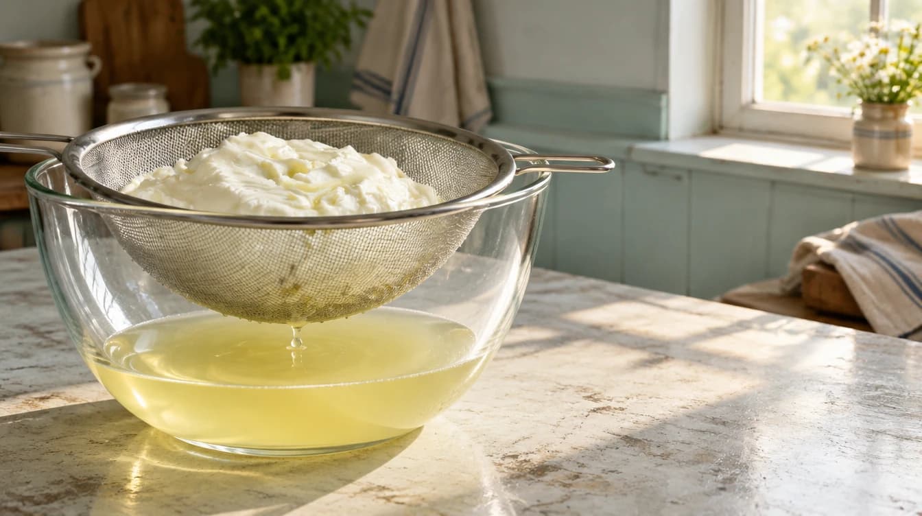 Thick cultured curd in a steel strainer with pale liquid whey collected in the bowl beneath.